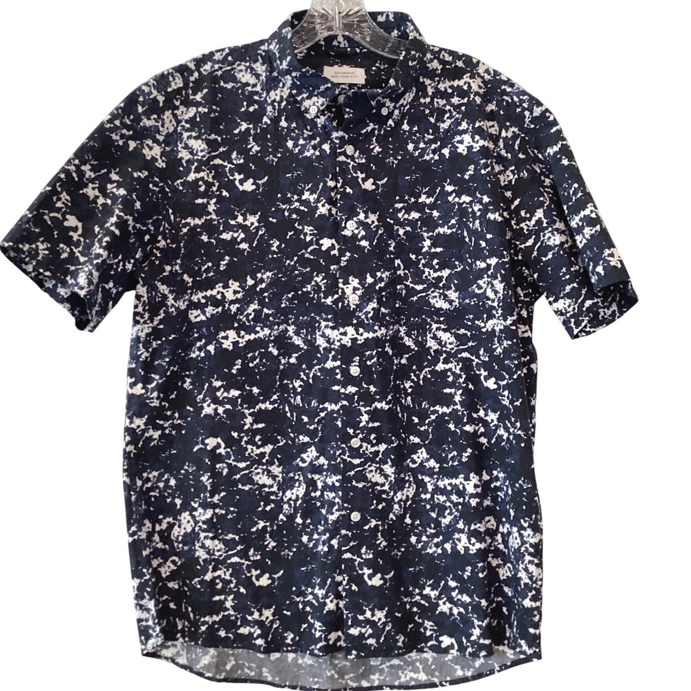 Saturdays New York City Large Navy Marble Print‎ Short Sleeve Button Down
